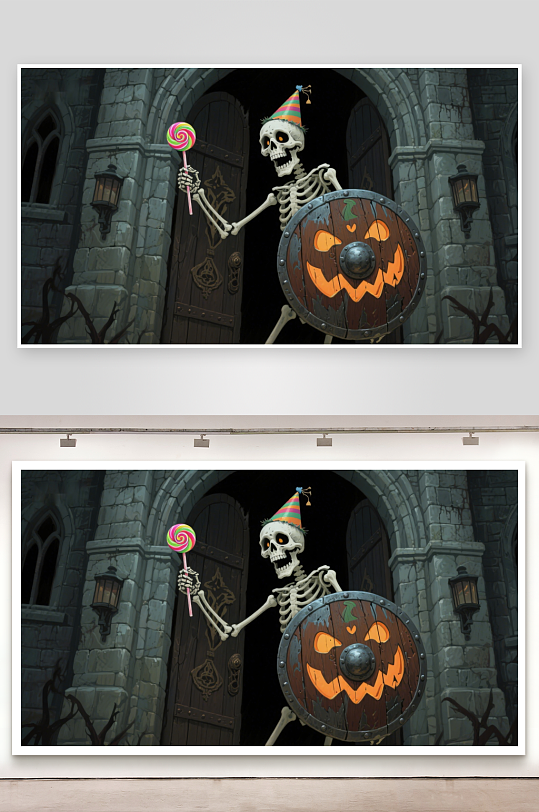 骷髅手持糖果与南瓜盾牌门前搞怪-众图网