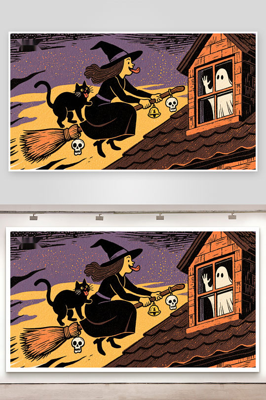 女巫骑扫帚飞过屋顶-众图网