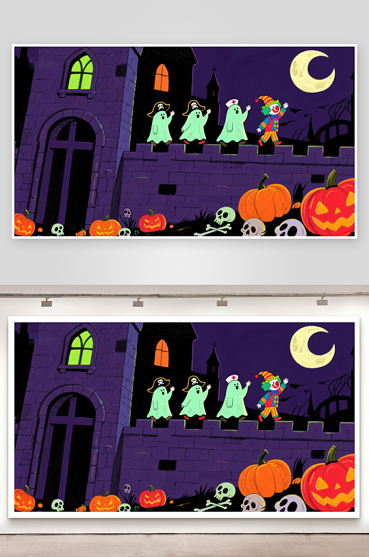 万圣节幽灵与小丑在城堡前的欢乐夜-众图网