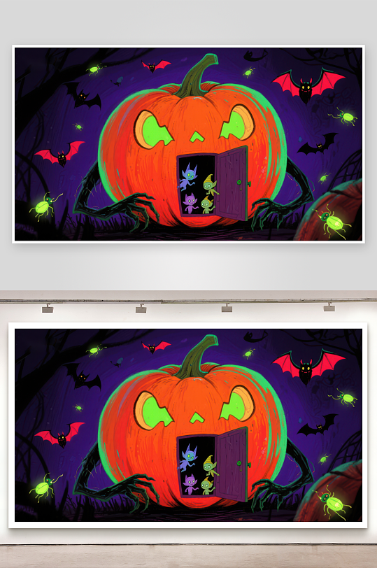 万圣节南瓜屋中的小精灵-众图网