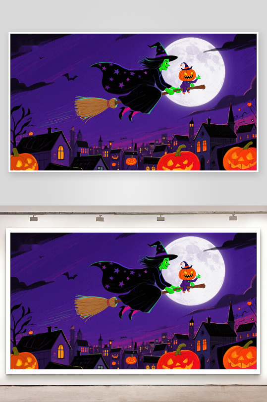 万圣夜巫女与南瓜灯飞行-众图网