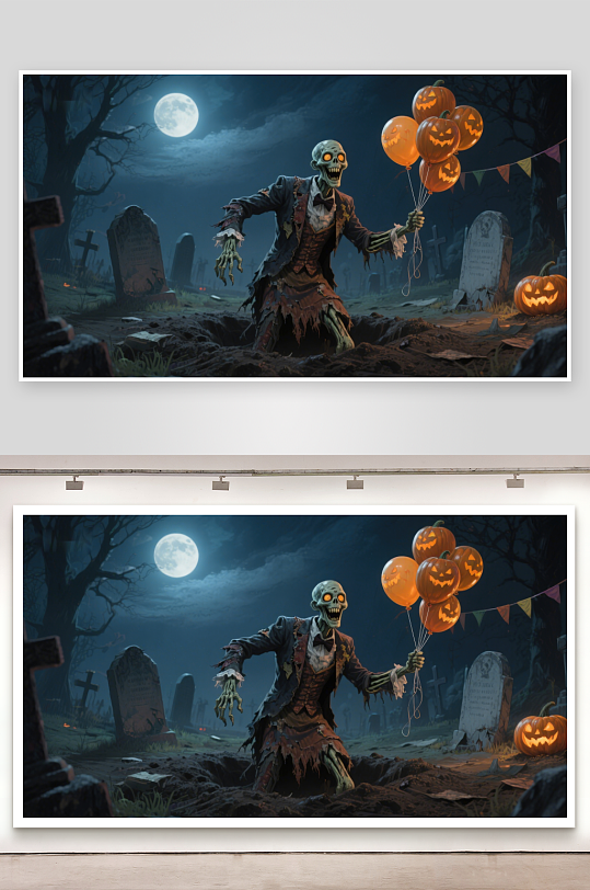 月夜墓地骷髅手持南瓜灯气球-众图网