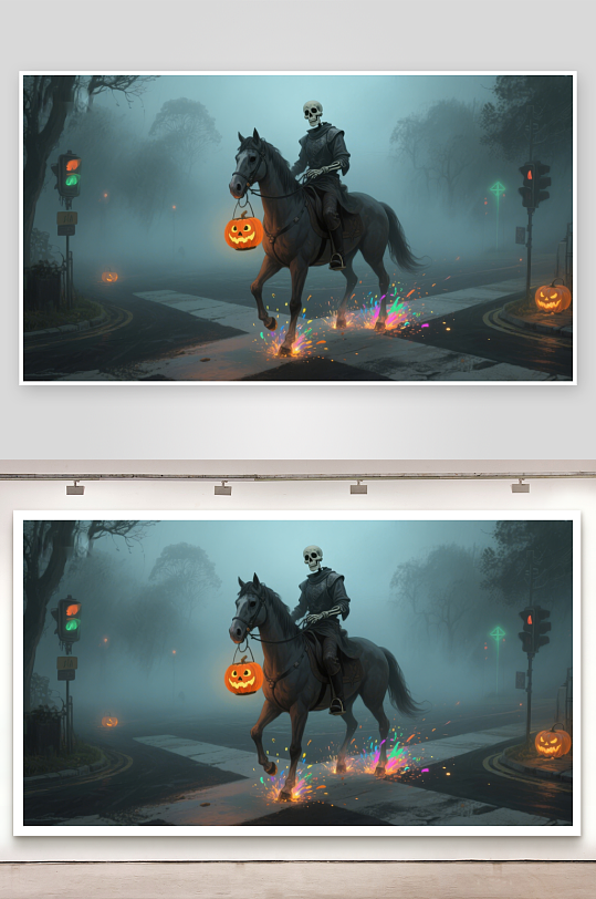 幽灵骑士夜行南瓜灯照亮迷雾街道-众图网