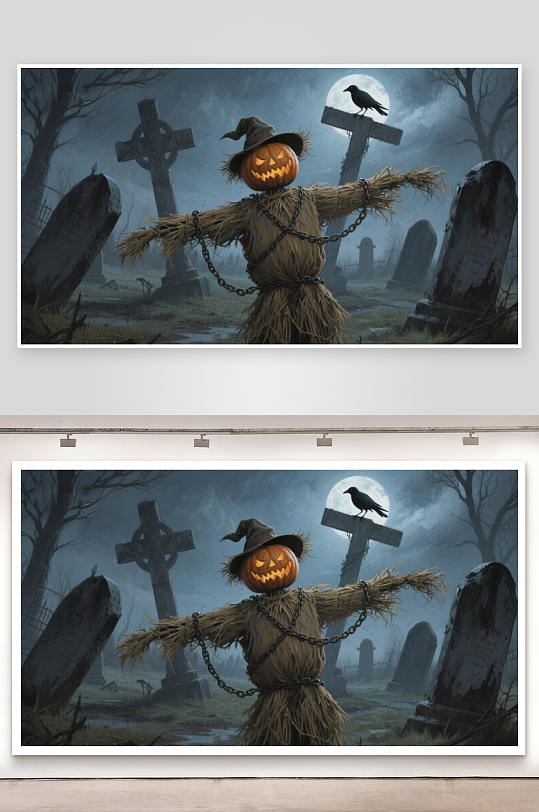 万圣节南瓜头稻草人墓地夜景-众图网
