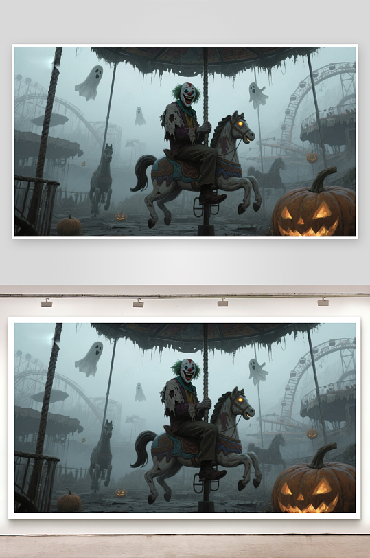 幽灵嘉年华上的小丑与旋转木马-众图网