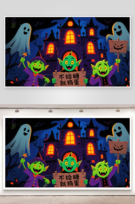 万圣节小鬼讨糖幽灵环绕古堡-众图网