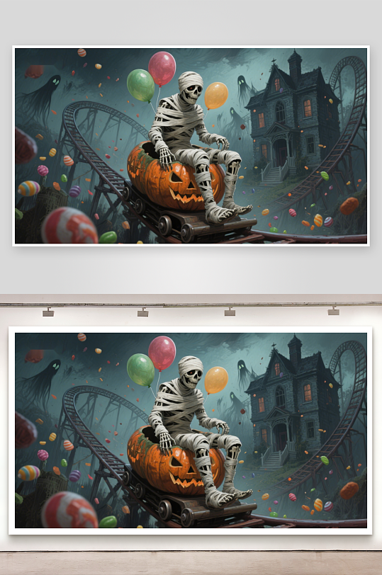 木乃伊骑南瓜车游乐园夜景-众图网