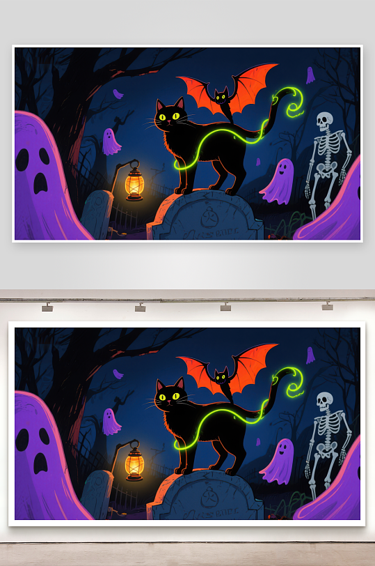 万圣夜墓地里的黑猫与幽灵-众图网