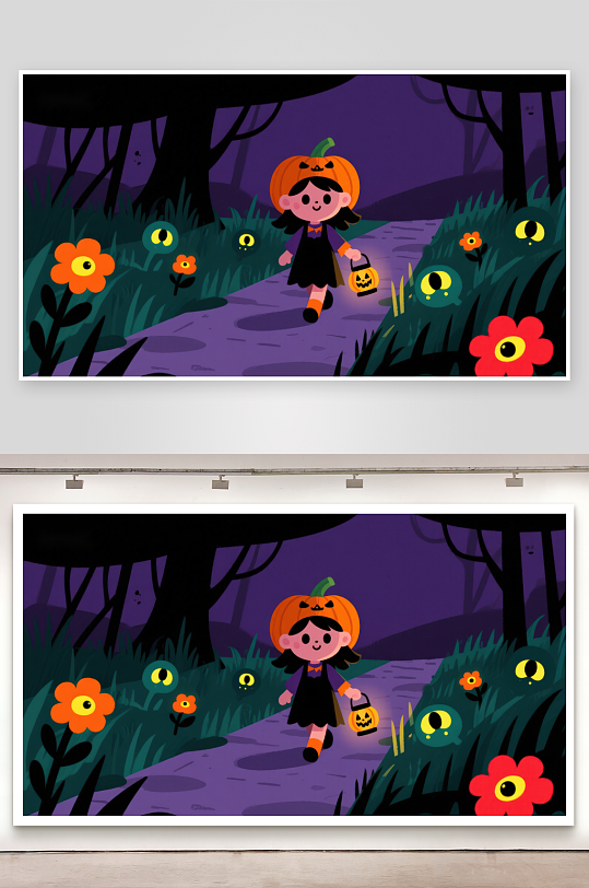 万圣节南瓜灯女孩夜行森林-众图网