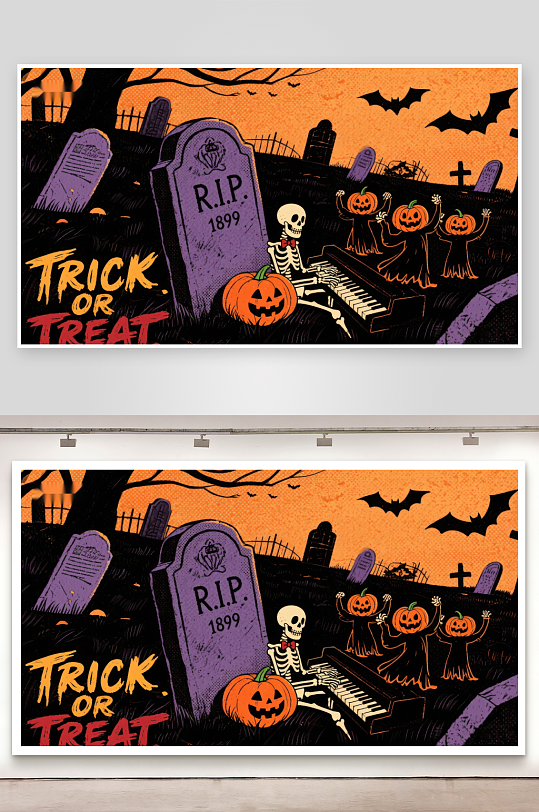 万圣节墓地场景南瓜骷髅与钢琴-众图网