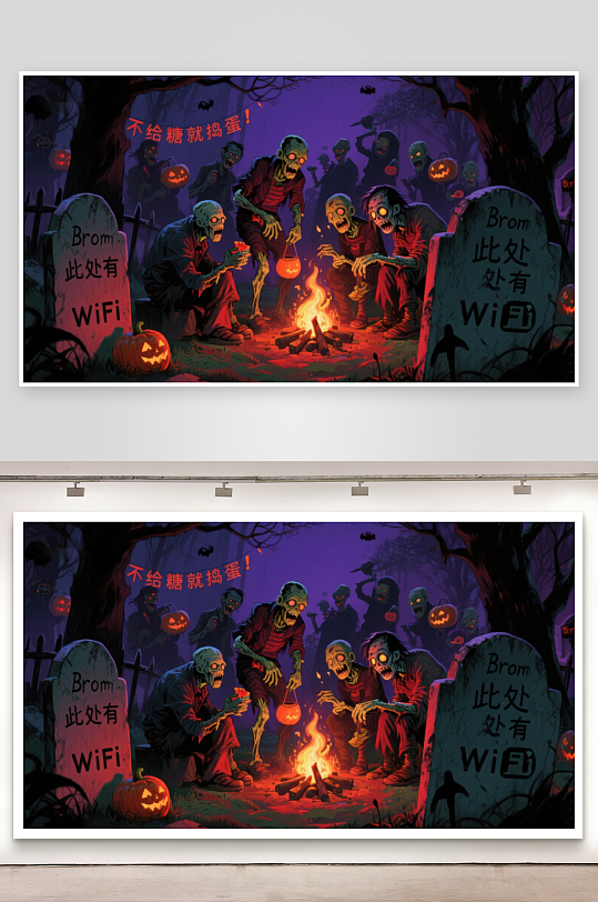 万圣节僵尸围篝火墓碑提示WiFi-众图网