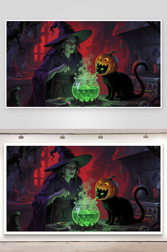 女巫与黑猫在魔法厨房-众图网