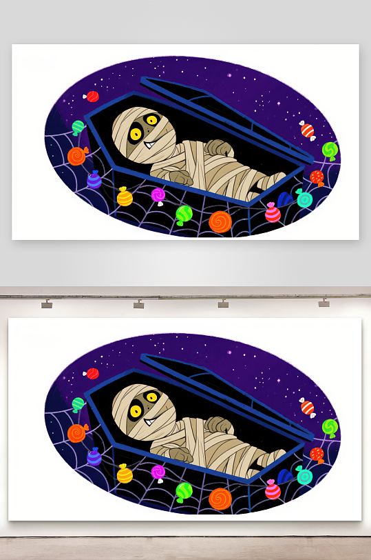 万圣节木乃伊在糖果环绕的棺材中-众图网