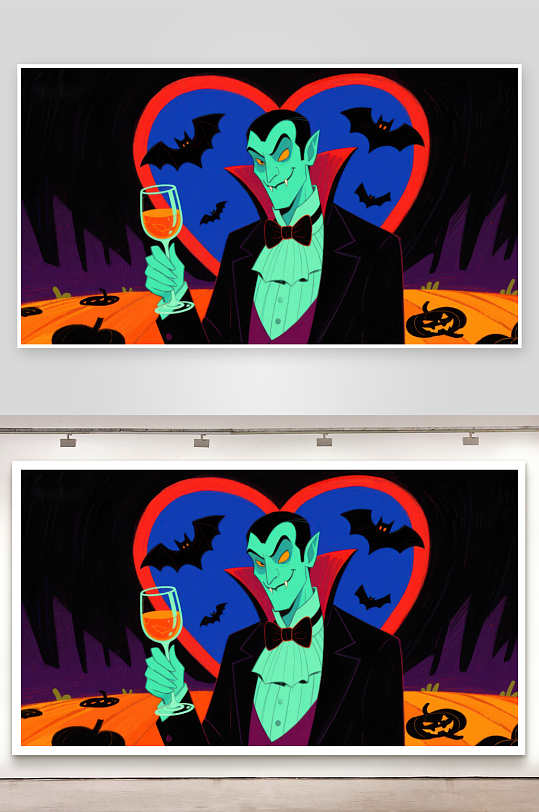 吸血鬼手持酒杯背景心形与蝙蝠-众图网