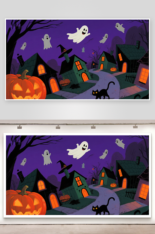 万圣节夜景幽灵飘荡的神秘小镇-众图网