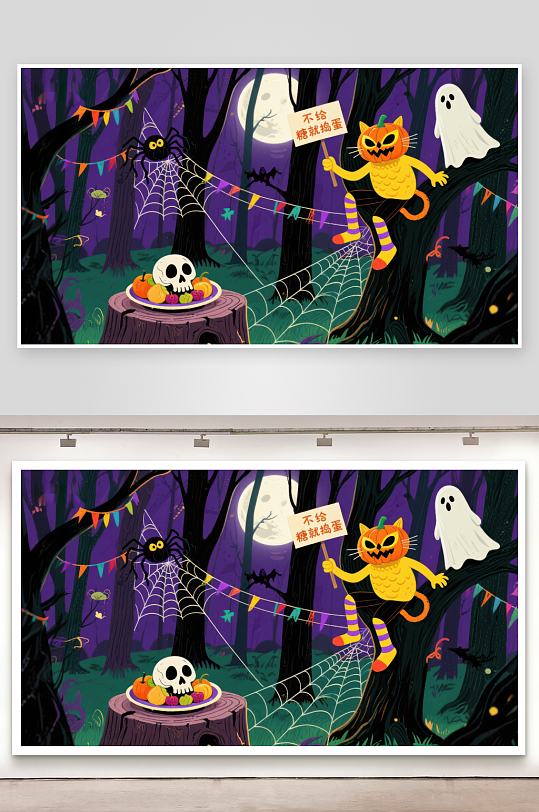 万圣节森林中的南瓜猫与幽灵-众图网