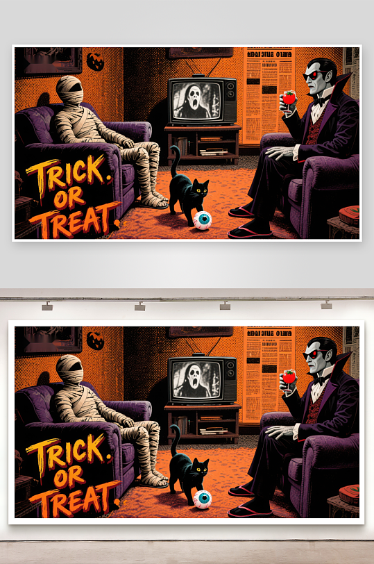 万圣夜客厅木乃伊与吸血鬼共赏恐怖片-众图网