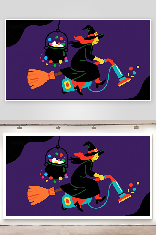 巫师骑扫帚飞行携带糖果罐-众图网