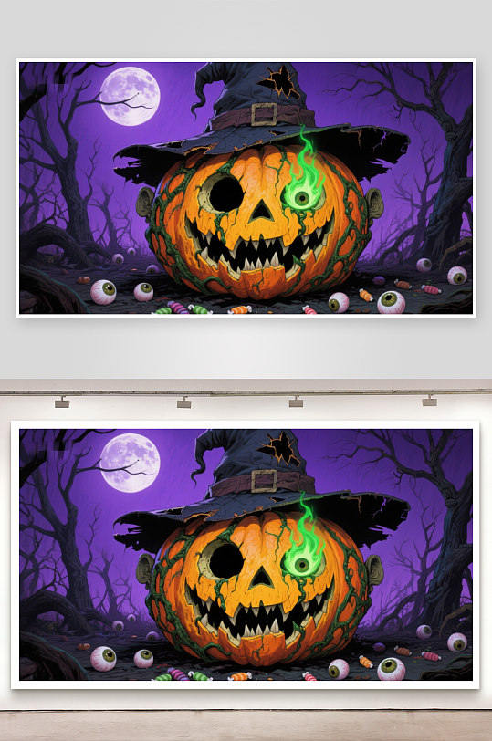 万圣节南瓜灯戴着巫师帽的恐怖杰克-众图网