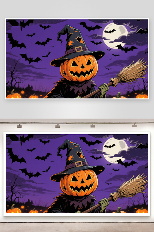 南瓜头巫师手持扫帚夜空蝙蝠飞舞-众图网