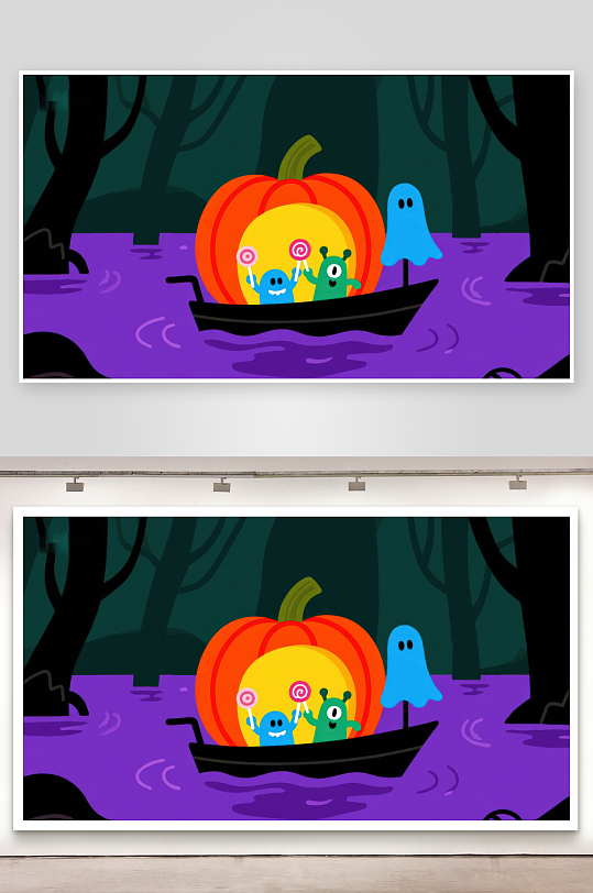 南瓜灯小船夜游神秘森林-众图网