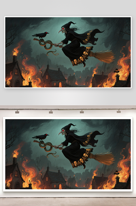 巫师夜飞村庄烈焰-众图网