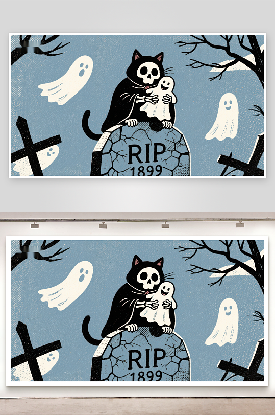 墓碑上的猫与幽灵-众图网