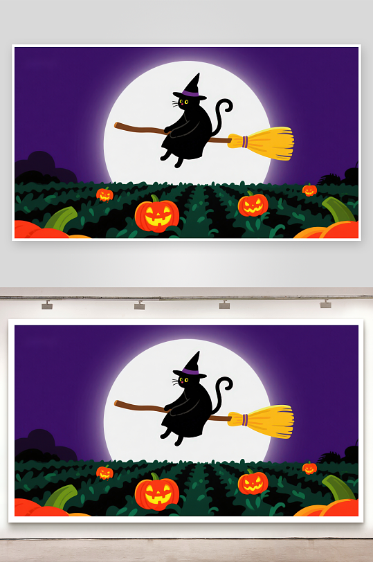 万圣夜猫巫骑扫帚飞过南瓜田-众图网