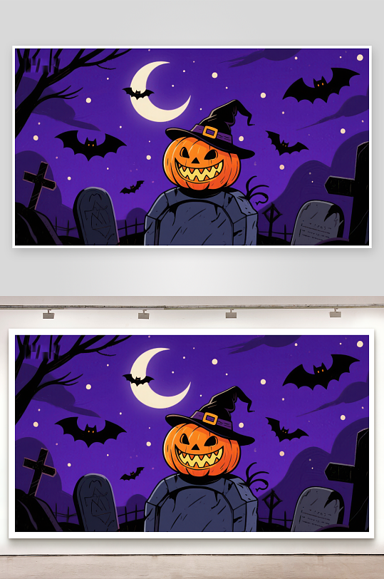 万圣节南瓜灯与墓地夜景-众图网