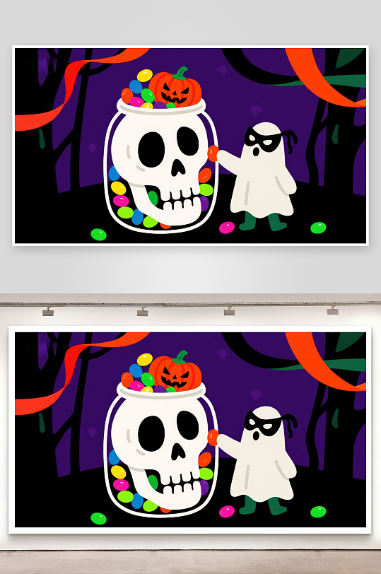 万圣节骷髅糖果罐与小鬼-众图网