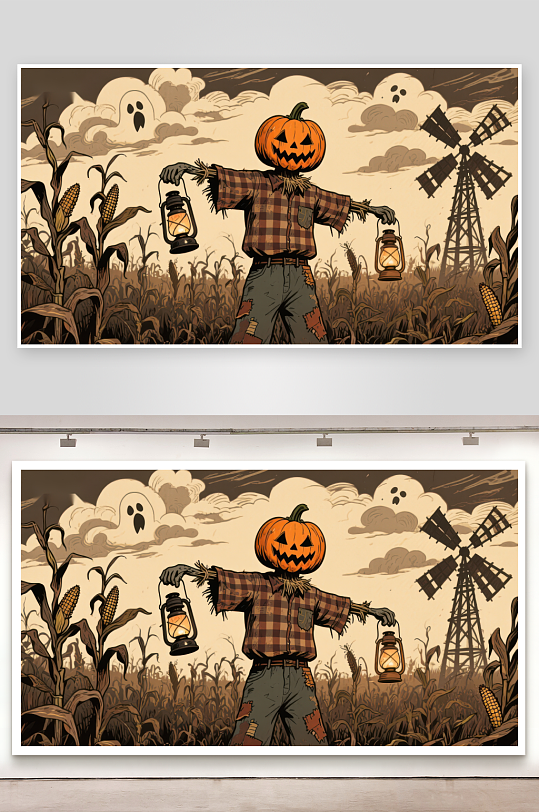 南瓜头稻草人手持灯笼在玉米田中-众图网