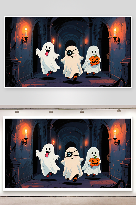 万圣节幽灵在古堡走廊中欢乐奔跑-众图网
