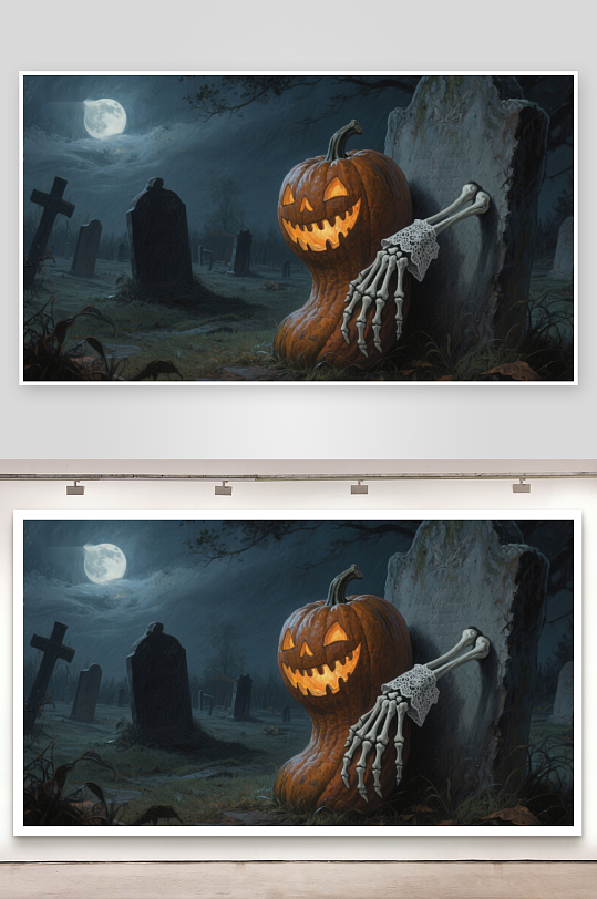 万圣夜墓地南瓜灯与骷髅手-众图网