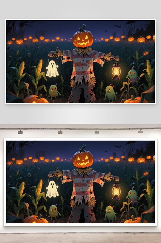 万圣节南瓜灯下的稻草人-众图网