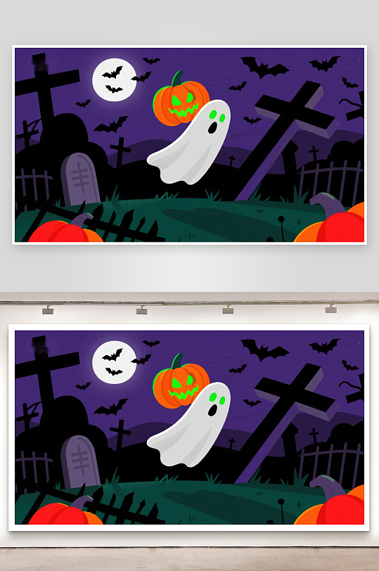 万圣节夜景南瓜幽灵与墓地-众图网