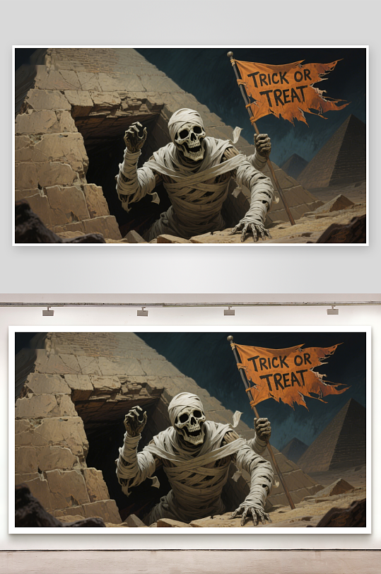 木乃伊手持旗帜金字塔前的万圣节场景-众图网