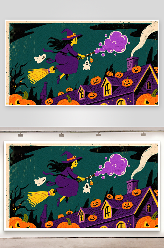 万圣夜女巫骑扫帚飞过南瓜屋-众图网
