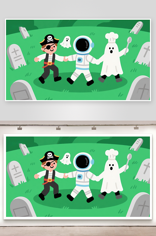 万圣节装扮人物在墓地欢乐场景-众图网