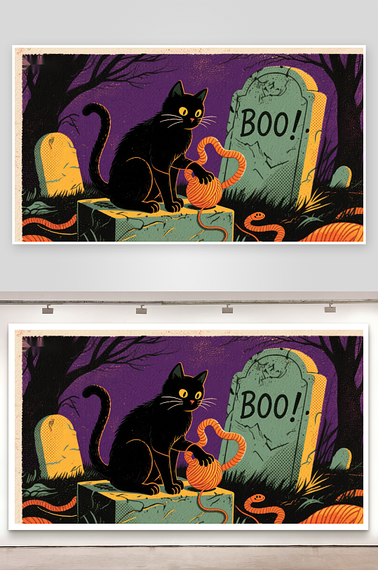 墓地黑猫与南瓜灯的万圣夜-众图网