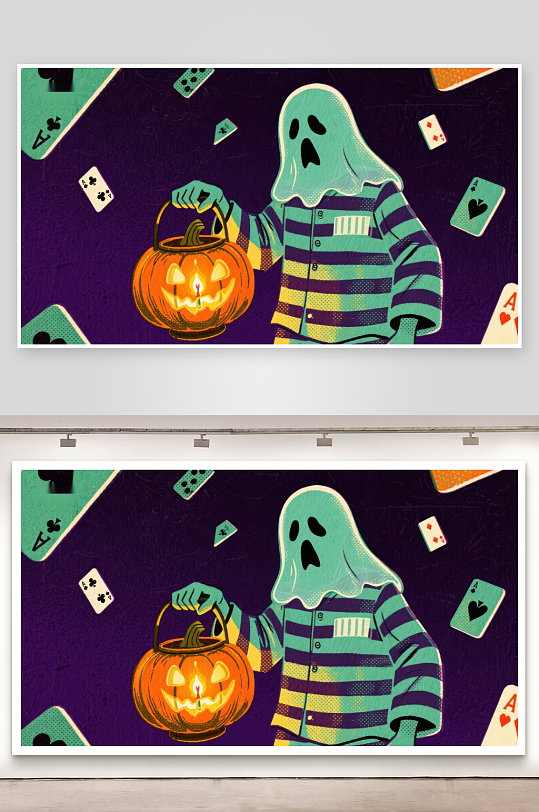 鬼魂装扮的孩子手提南瓜灯-众图网