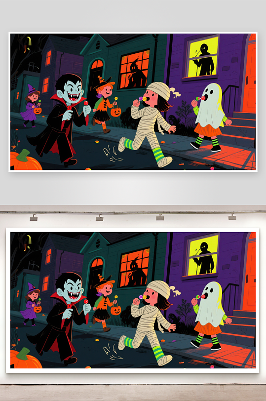 万圣节夜孩子们装扮成鬼怪讨糖-众图网