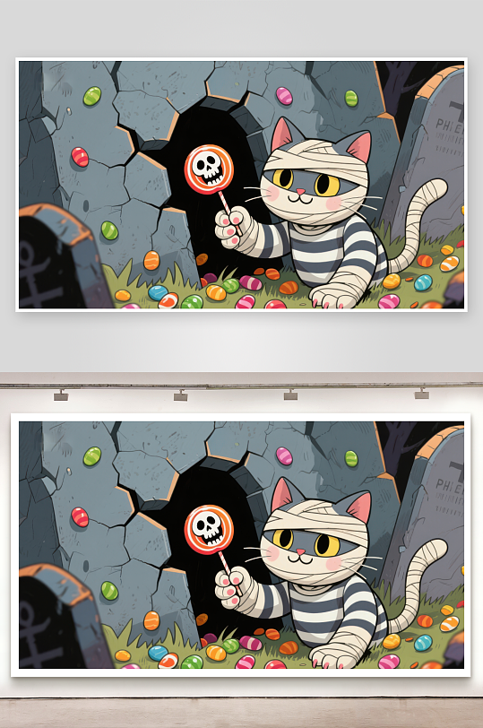 万圣节猫咪手持骷髅棒棒糖-众图网