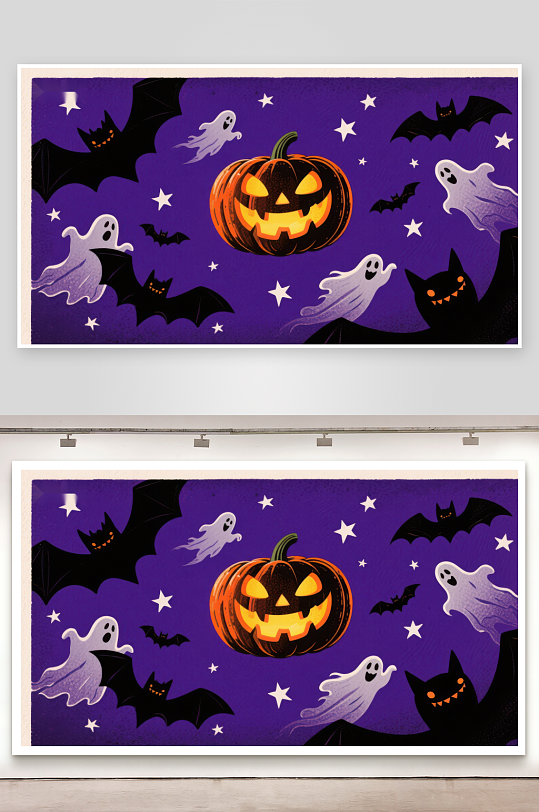 万圣节夜空中的南瓜灯与幽灵蝙蝠-众图网