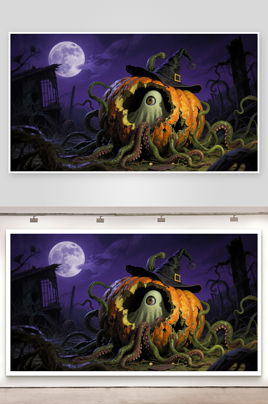 南瓜怪兽与满月夜的奇幻景象-众图网