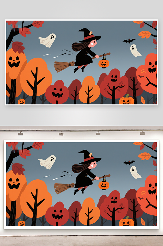 万圣节女巫骑扫帚飞过南瓜林-众图网