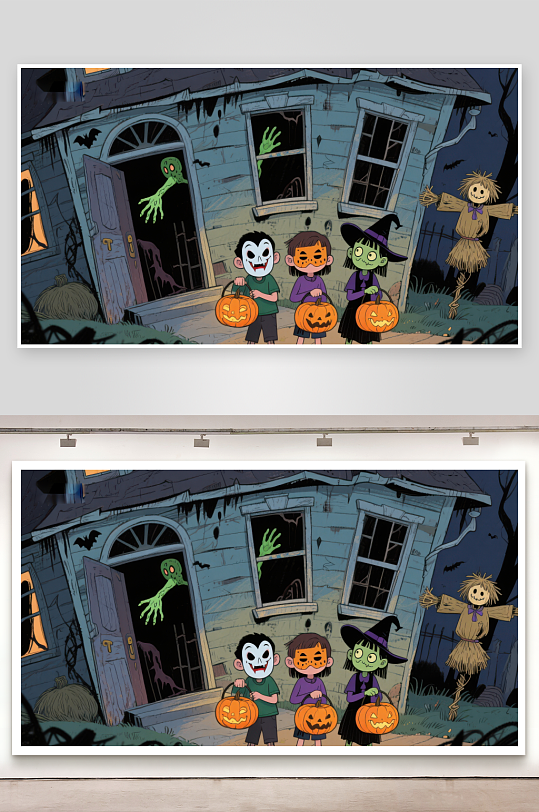 万圣节夜孩子们提着南瓜灯在鬼屋前-众图网