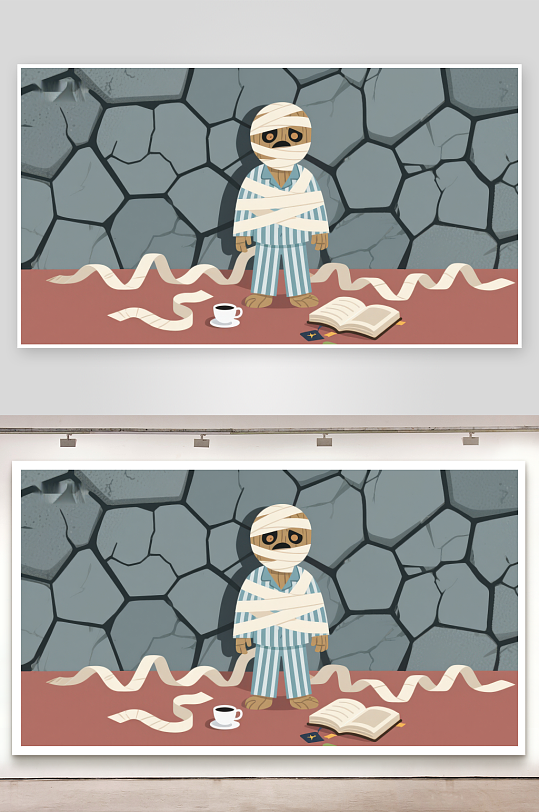 绷带缠绕的卡通人物与书本咖啡-众图网