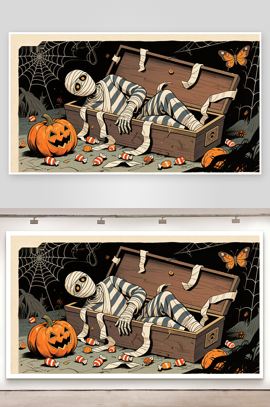 万圣节木乃伊从宝箱中探出-众图网