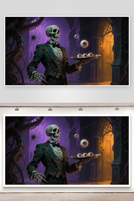 骷髅侍者端盘神秘眼球漂浮-众图网