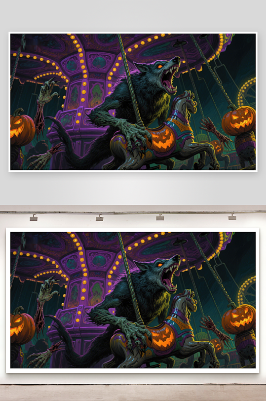 狼人骑乘木马的万圣节场景-众图网